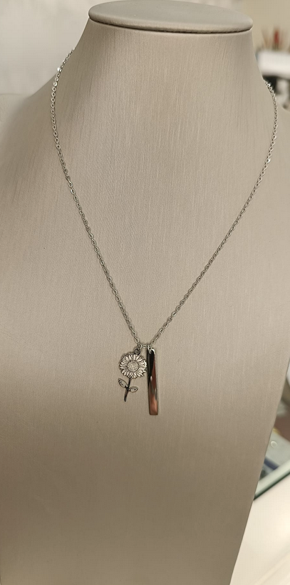 COLLANA CON GIRASOLE E PLACCHETTA IN ACCIAO