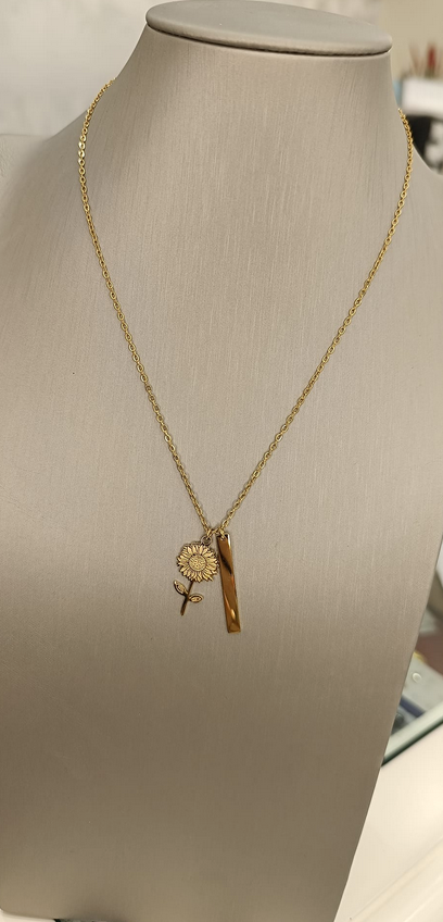 COLLANA CON GIRASOLE E PLACCHETTA IN ACCIAO