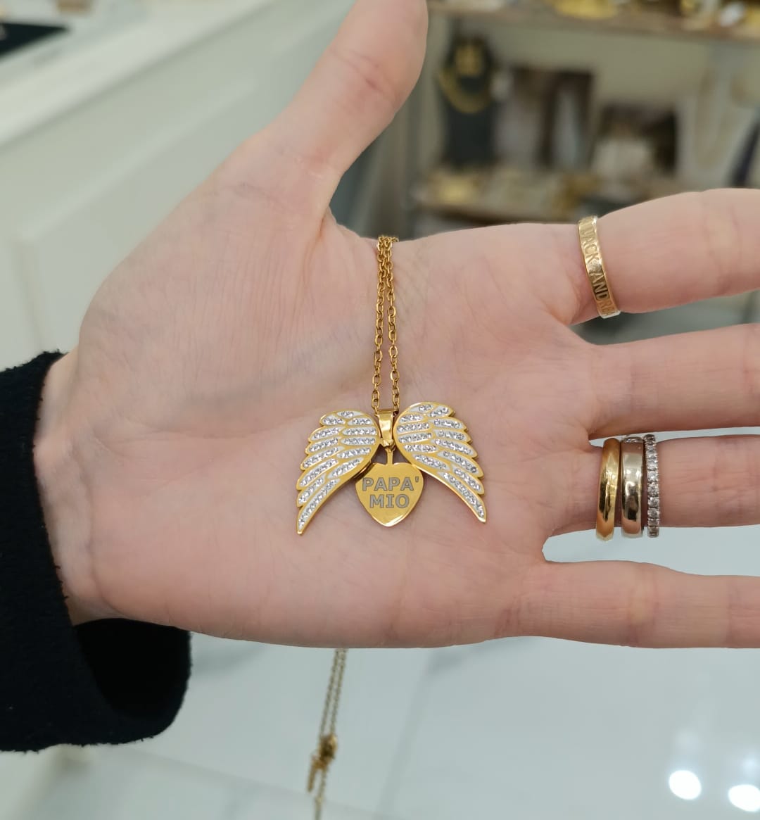 COLLANA CON ALI E CUORE IN ACCIAIO