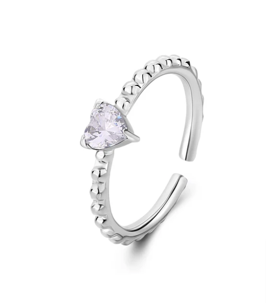 Anello regolabile in acciaio con cuore bianco