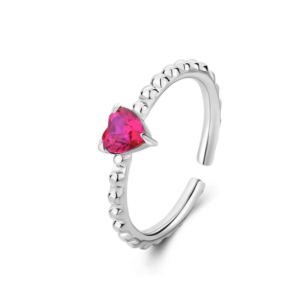 Anello regolabile in acciaio con pietra rossa