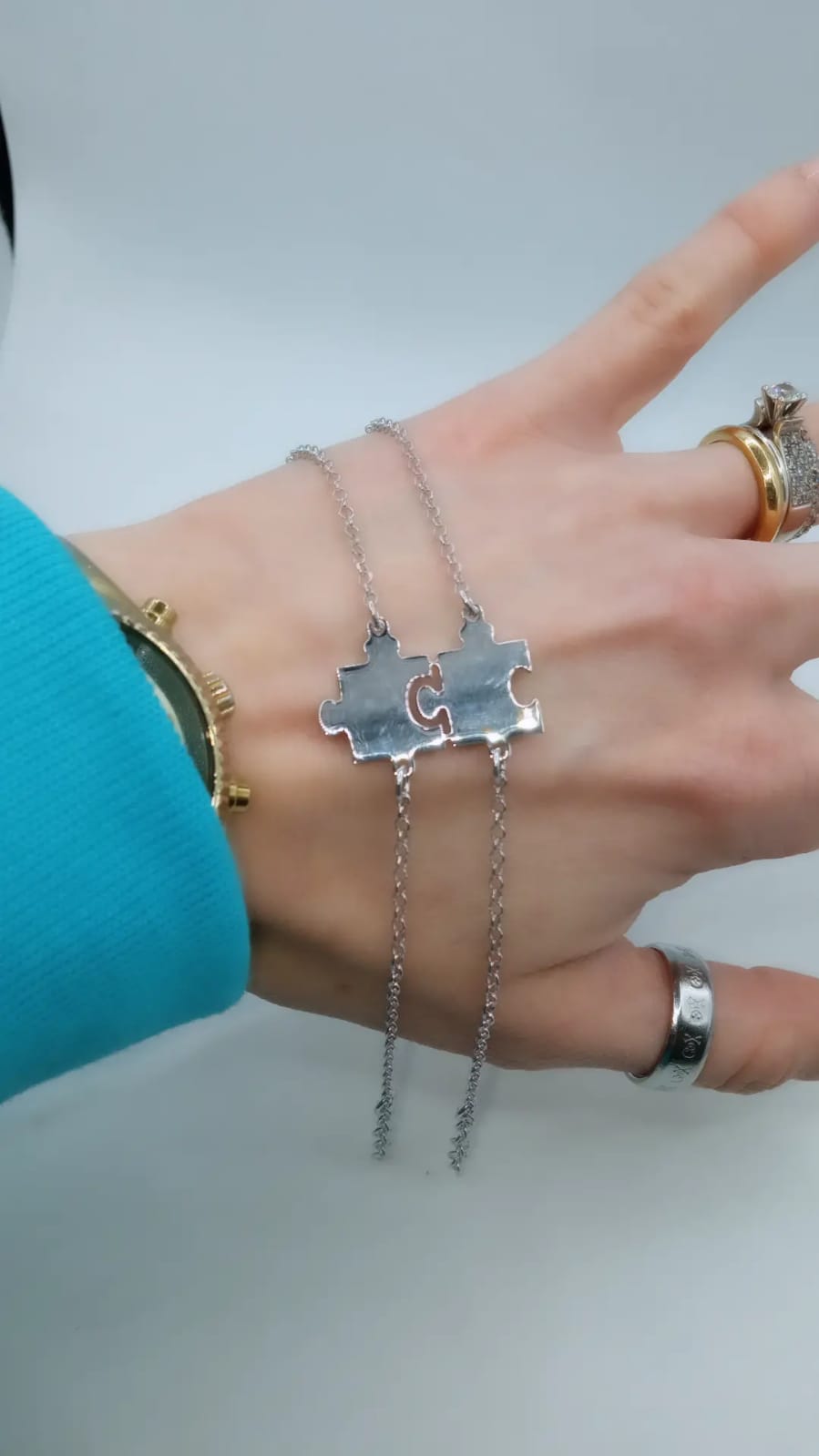 bracciale in argento 925% a forma di puzzle, adatto per coppie